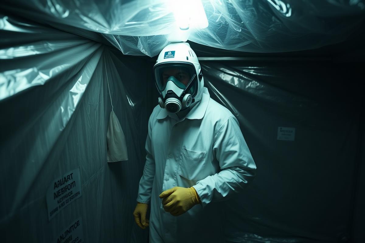 Licensed asbestos removal operative in protective coverall and respirator