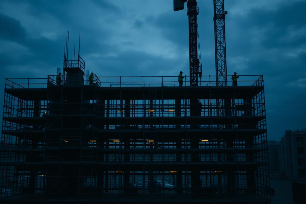 UK construction site with scaffolding at dusk