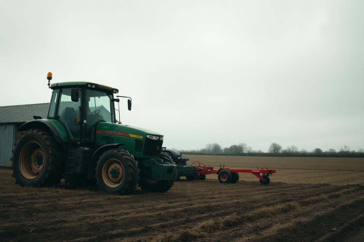 Tractor and machinery in a British farm field