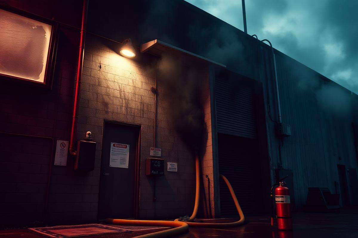 Smoke damage outside an industrial unit with fire hose and extinguisher