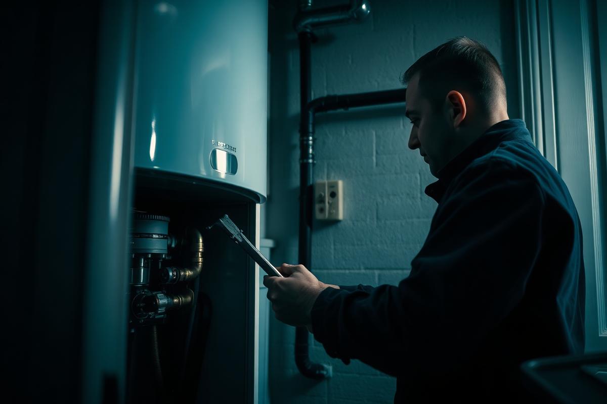 Engineer inspecting a domestic gas boiler and pipework