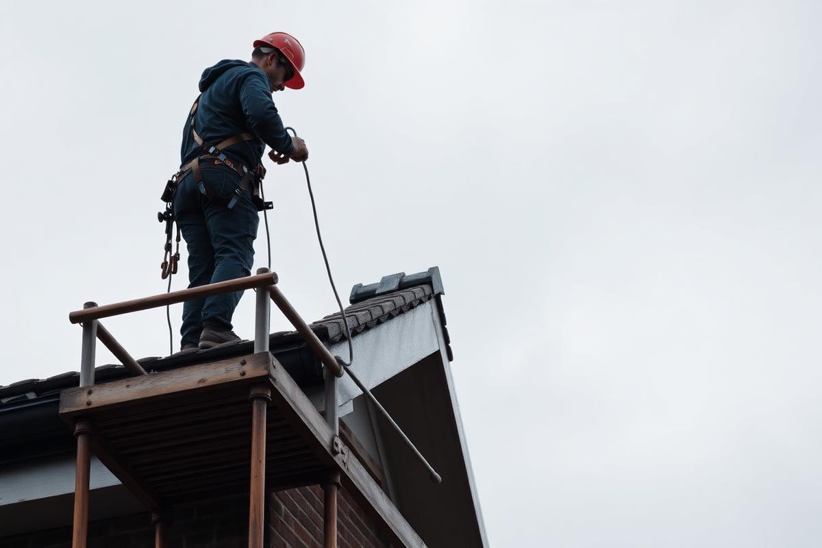 Roofer working at height with a harness and edge protection